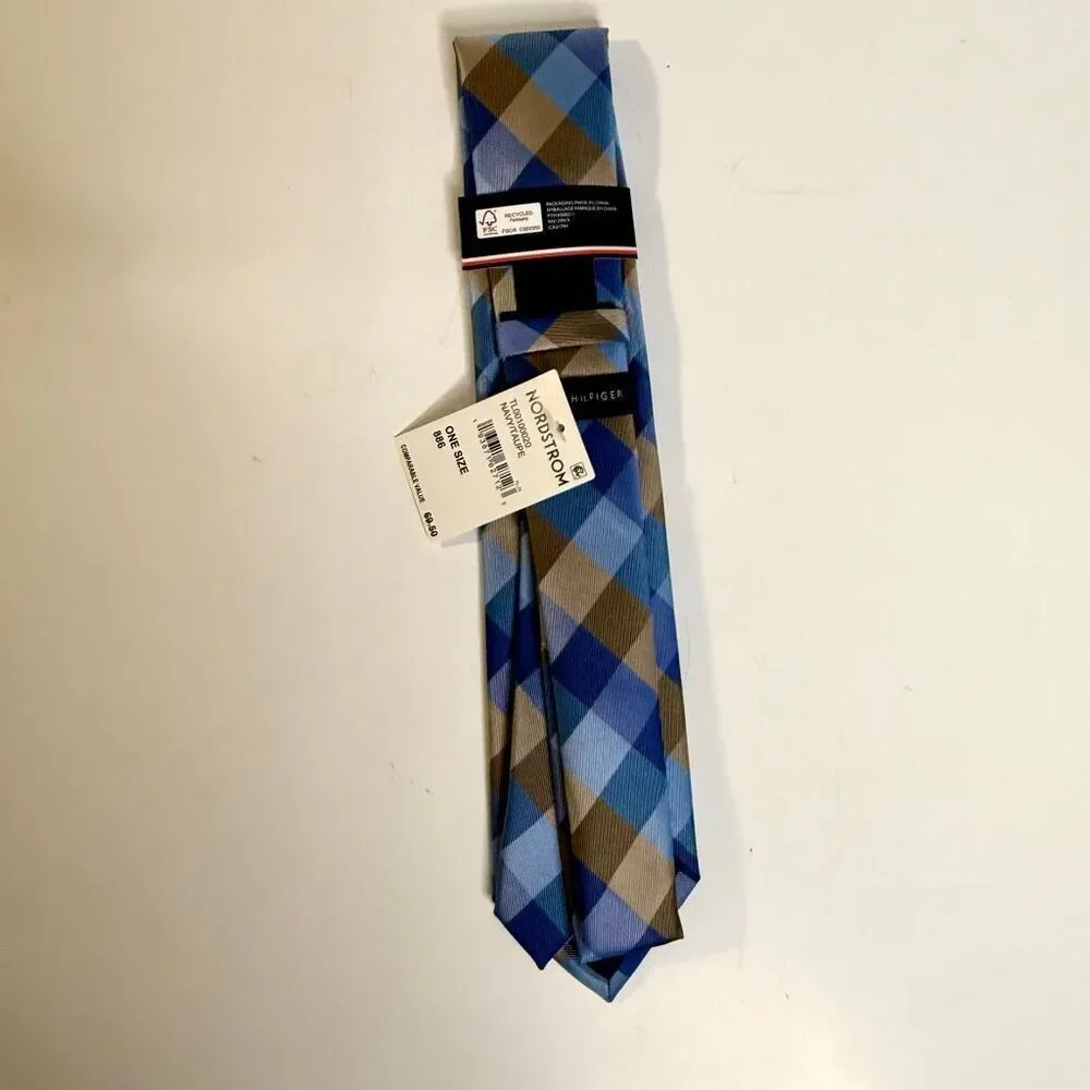 NWT Tommy Hilfiger tartan grid tie in taupe and blue